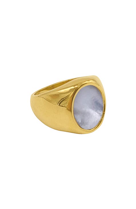 14K Yellow Gold Plated Stainless Steel Mother of Pearl Signet Ring