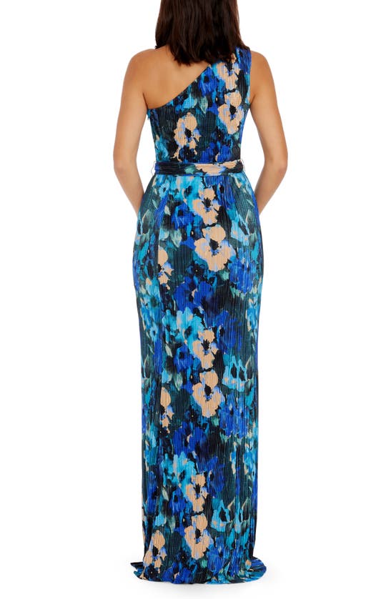 Shop Dress The Population Bella Floral Plissé One-shoulder Gown In Cobalt Multi