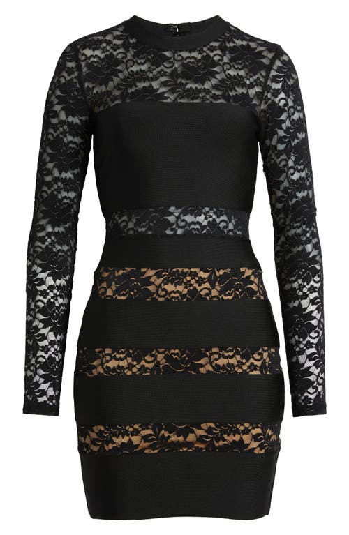 BEBE BEBE ILLUSION LACE LONG SLEEVE BANDAGE MINIDRESS 