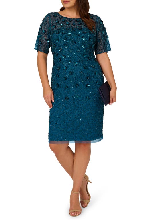 Adrianna Papell Beaded Cocktail Dress In Teal Sapphire