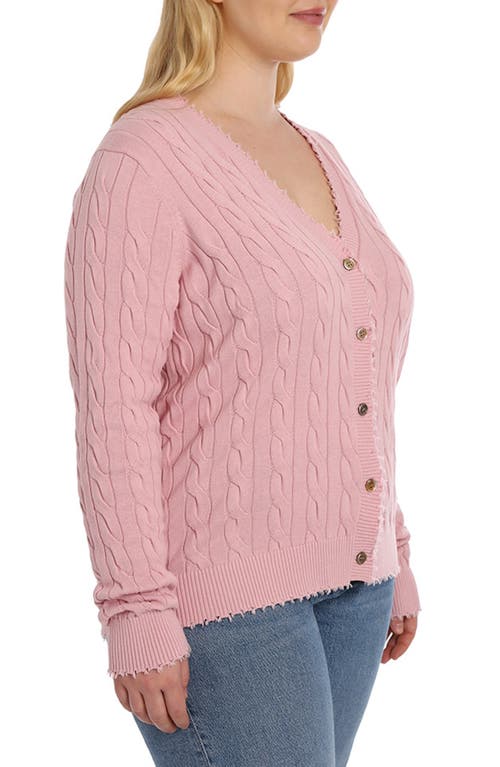 Shop Minnie Rose Frayed V-neck Cable Knit Cotton Cardigan In Pink Pearl