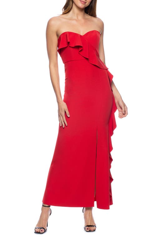 Cascade Ruffle Off the Shoulder Gown in Red