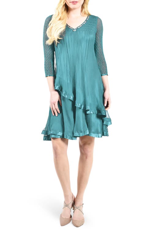 Bead Trim Tiered Chiffon Cocktail Dress in Marine Glass