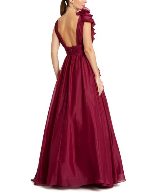 Mac Duggal Ruffle Shoulder V-neck Chiffon Gown In Wine