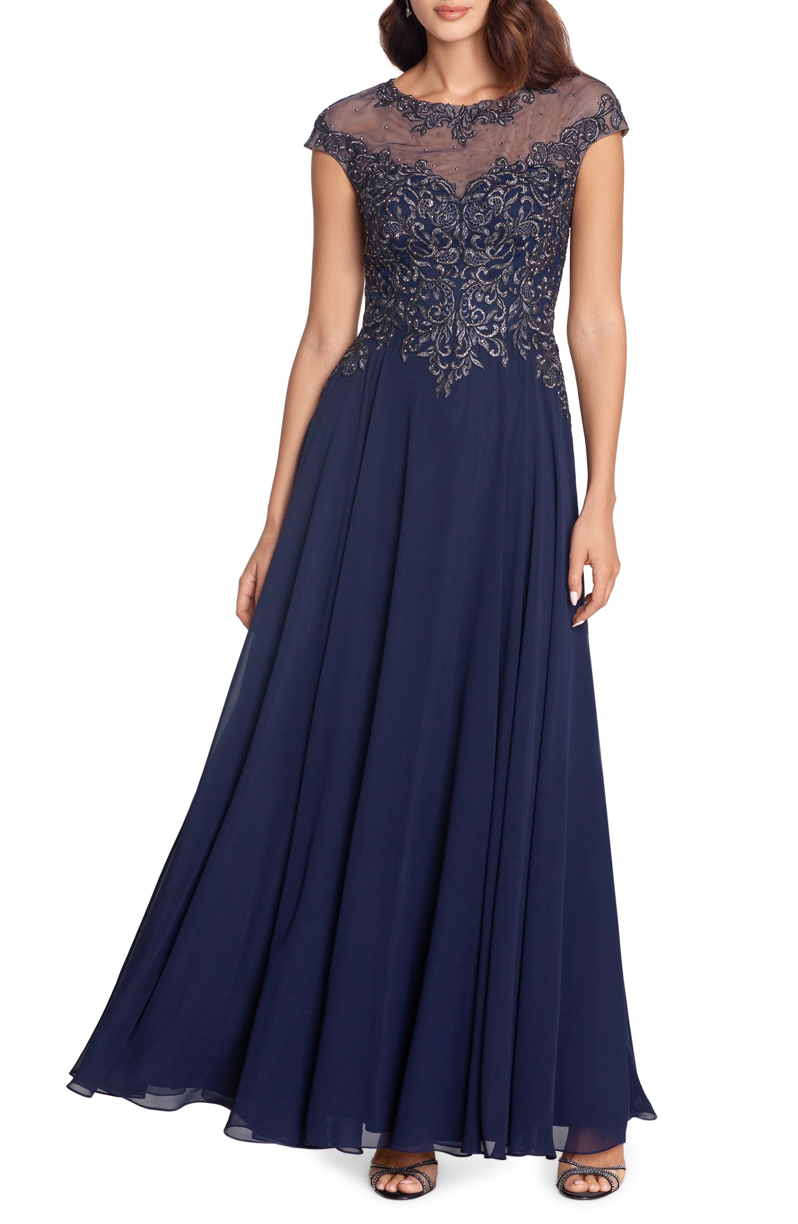 Xscape Long Sleeve Beaded Chiffon Gown 