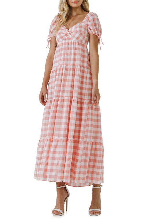 Gingham Knot Tiered Cotton Blend Midi Dress in Pink