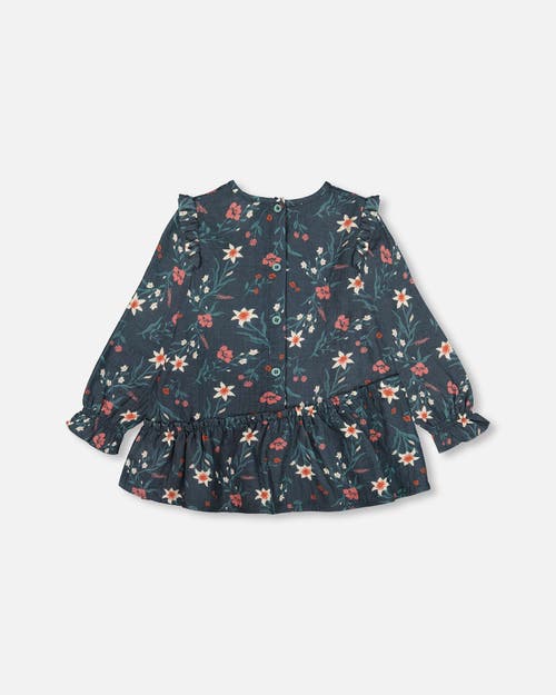 Shop Deux Par Deux Little Girl's Printed Muslin Long Top Teal With Flowers In Printed Edelweiss