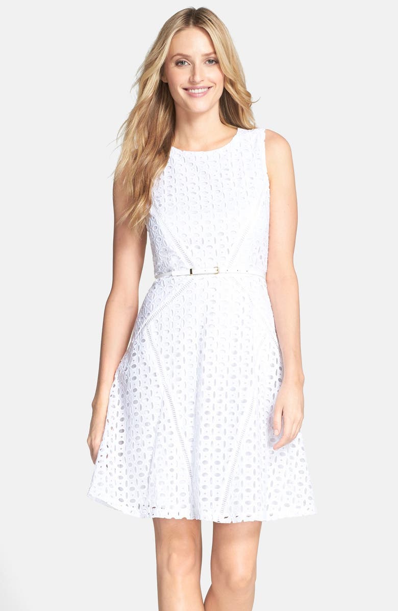 Ellen Tracy Belted Cotton Eyelet Fit & Flare Dress | Nordstrom