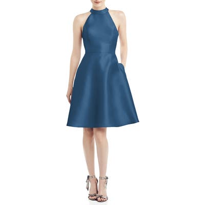 Alfred Sung Halter Style Satin Twill Cocktail Dress, Blue