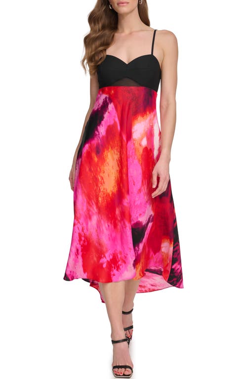 Dkny Mixed Media Satin Back Crepe Midi Dress In Black/shocking Pink Multi