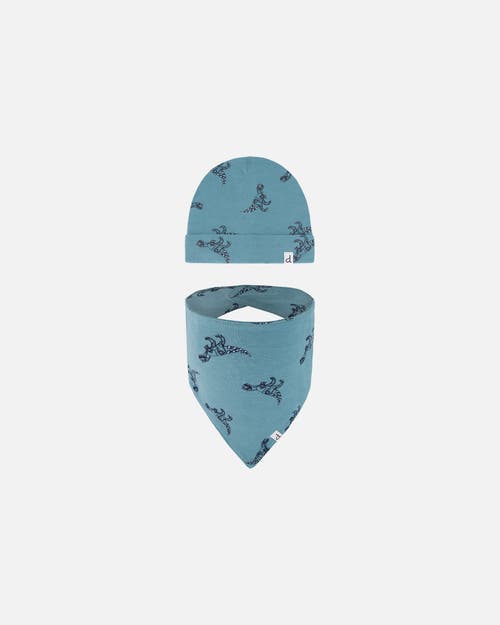 Deux Par Deux Baby Boy's Organic Cotton Hat And Bib Set Teal With Mechanical Dinosaurs Print in Teal With Dinosaurs at Nordstrom, Size 3-6M