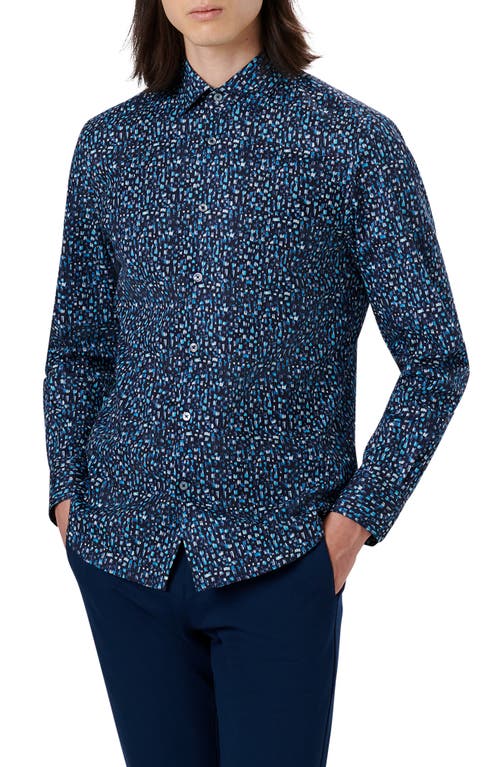 Bugatchi Shaped Fit Print Stretch Cotton Button-Up Shirt Aqua at Nordstrom,