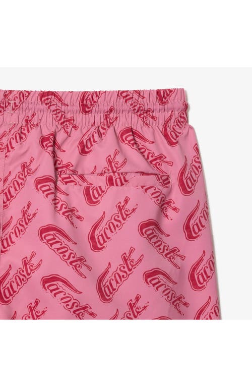 Shop Lacoste Logo Print Cotton Swim Trunks In Ay1 Lighthouse Red/reseda