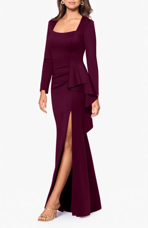 Xscape Evenings Side Ruffle Long Sleeve Scuba Gown In Wine