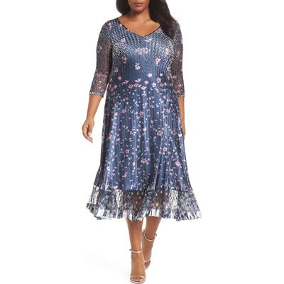 Plus Size Komarov Lace Sleeve Charmeuse Midi Dress, Blue