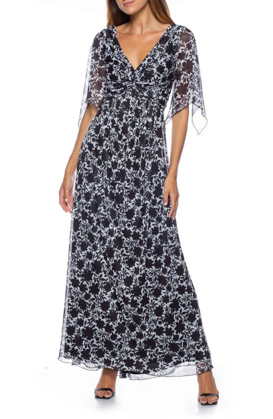 Marina Floral Flutter Sleeve Twist Front Maxi Dress In Black/ White