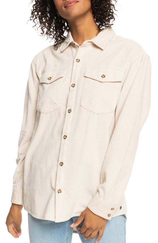 Shop Roxy Let It Go Cotton Corduroy Button-up Shirt In Tapioca