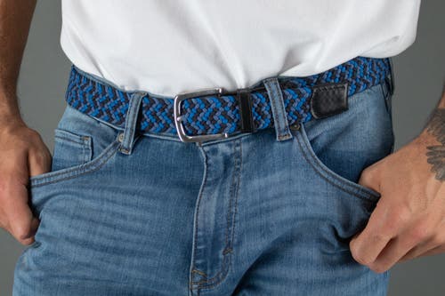 Shop Trafalgar Chandler Mixed Weave Stretch Belt In Blue Mix