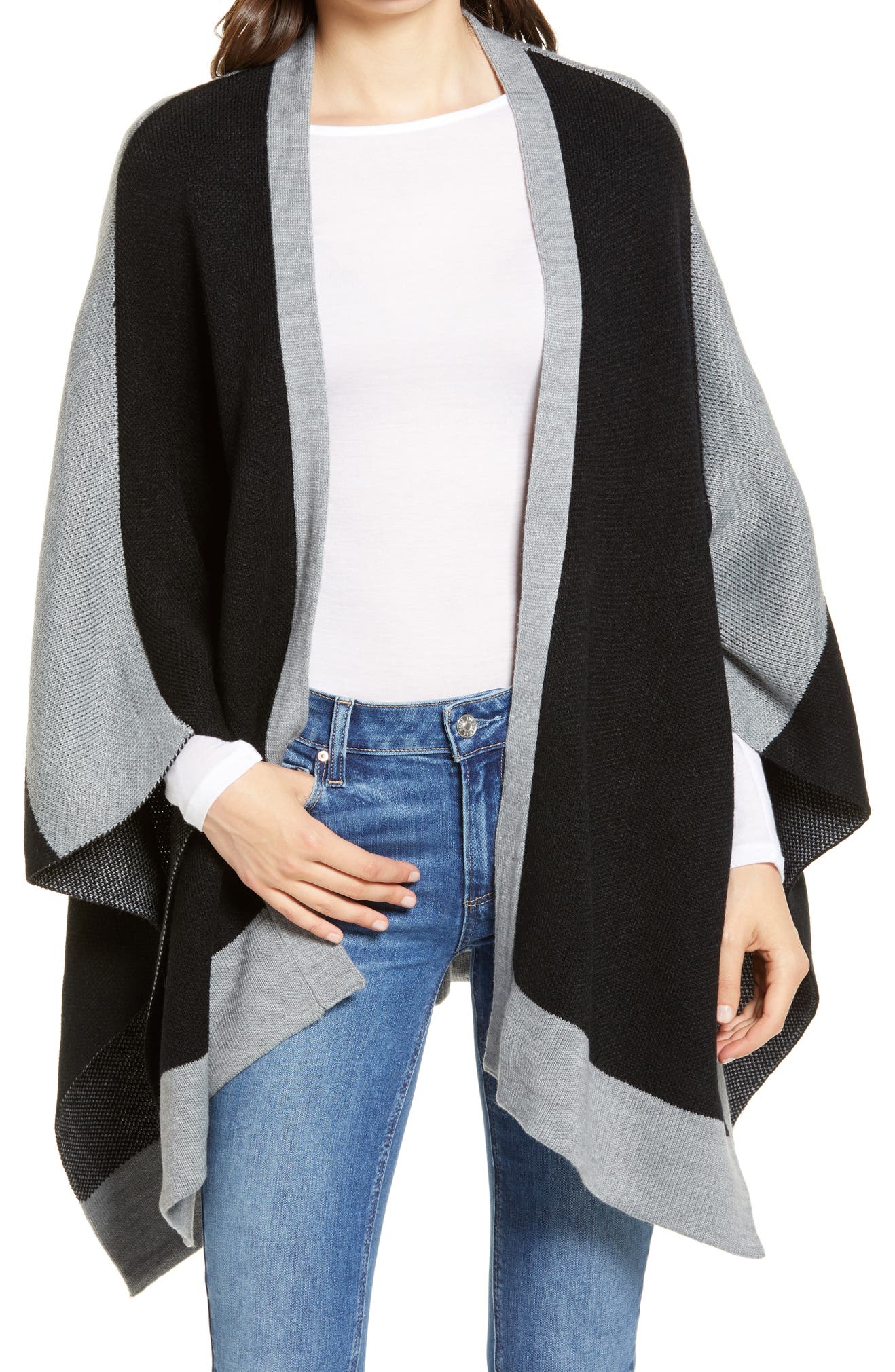 REBECCA MINKOFF Colorblock Ruana, Main, color, BLACK