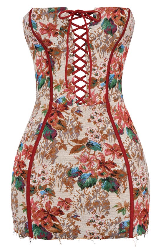 Mistress Rocks Floral Jacquard Strapless Corset Minidress In Beige Multicolor