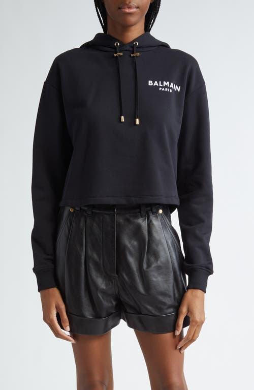 Shop Balmain Flocked Logo Cotton Fleece Crop Hoodie In Eab Black/white