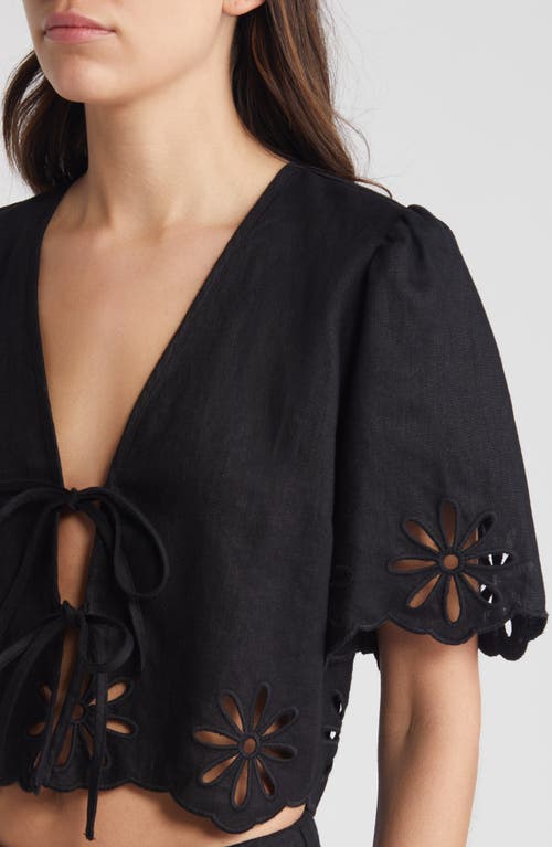 Rails Pari Eyelet Tie Front Linen Crop Top In Black Eyelet