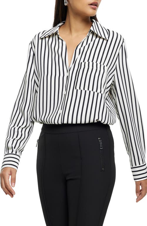 Stripe Satin Button-Up Shirt in Black/White