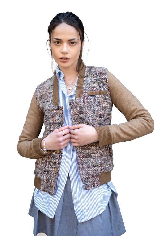 Shop Members Only Updated Tweed Varsity Jacket With Contrast Sleeve In Camel