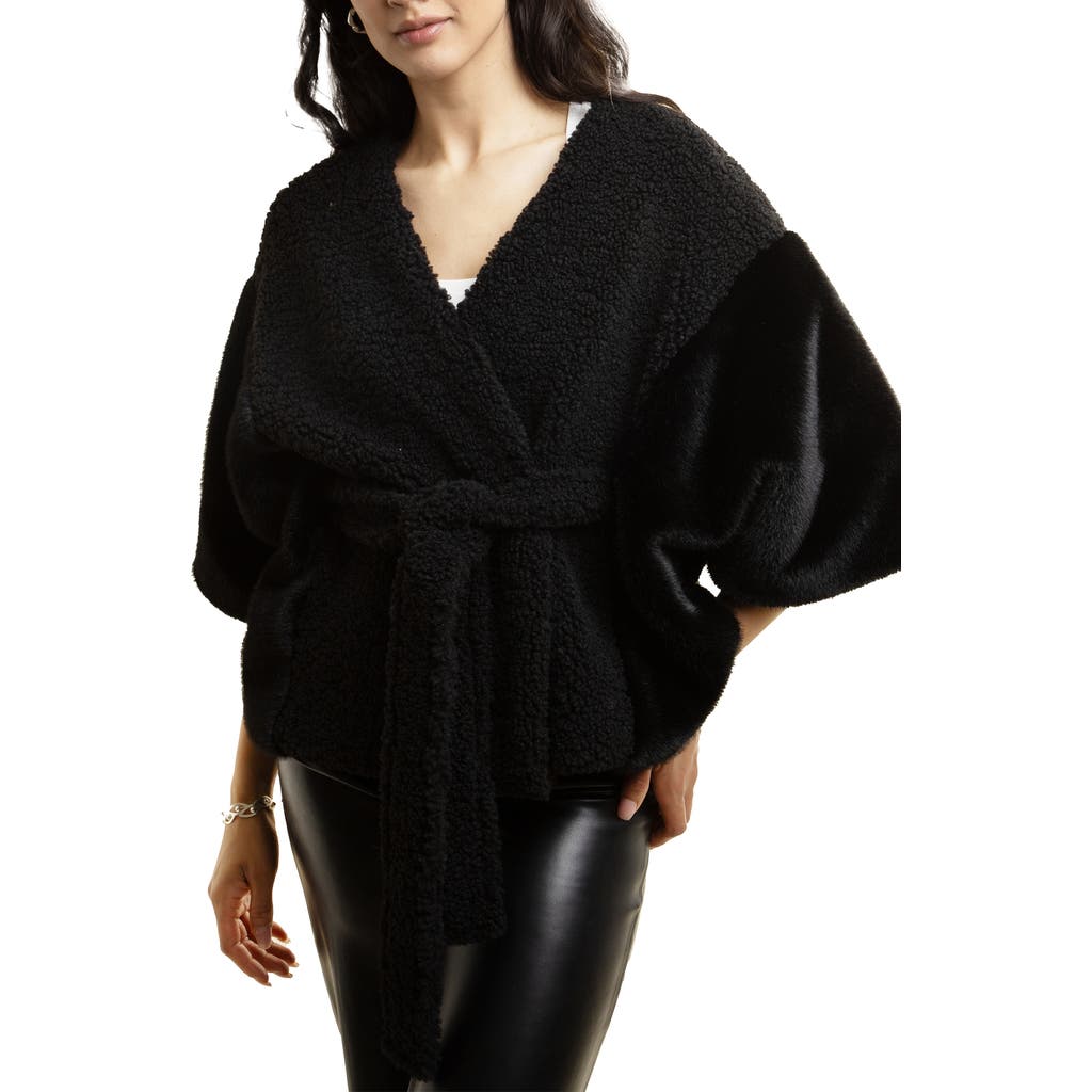 Saachi Fluffy Faux Fur Blanket Short Robe In Black