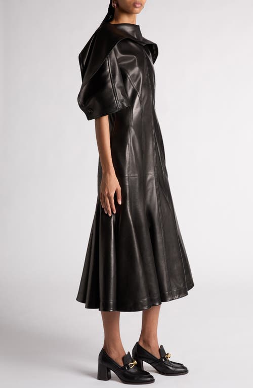 Shop Bottega Veneta Drape Puff Sleeve Napa Leather Dress In 1000 Black