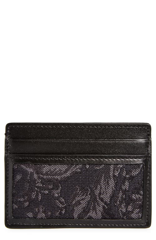 Floral Jacquard & Leather Card Case in Black Black Ruthenium