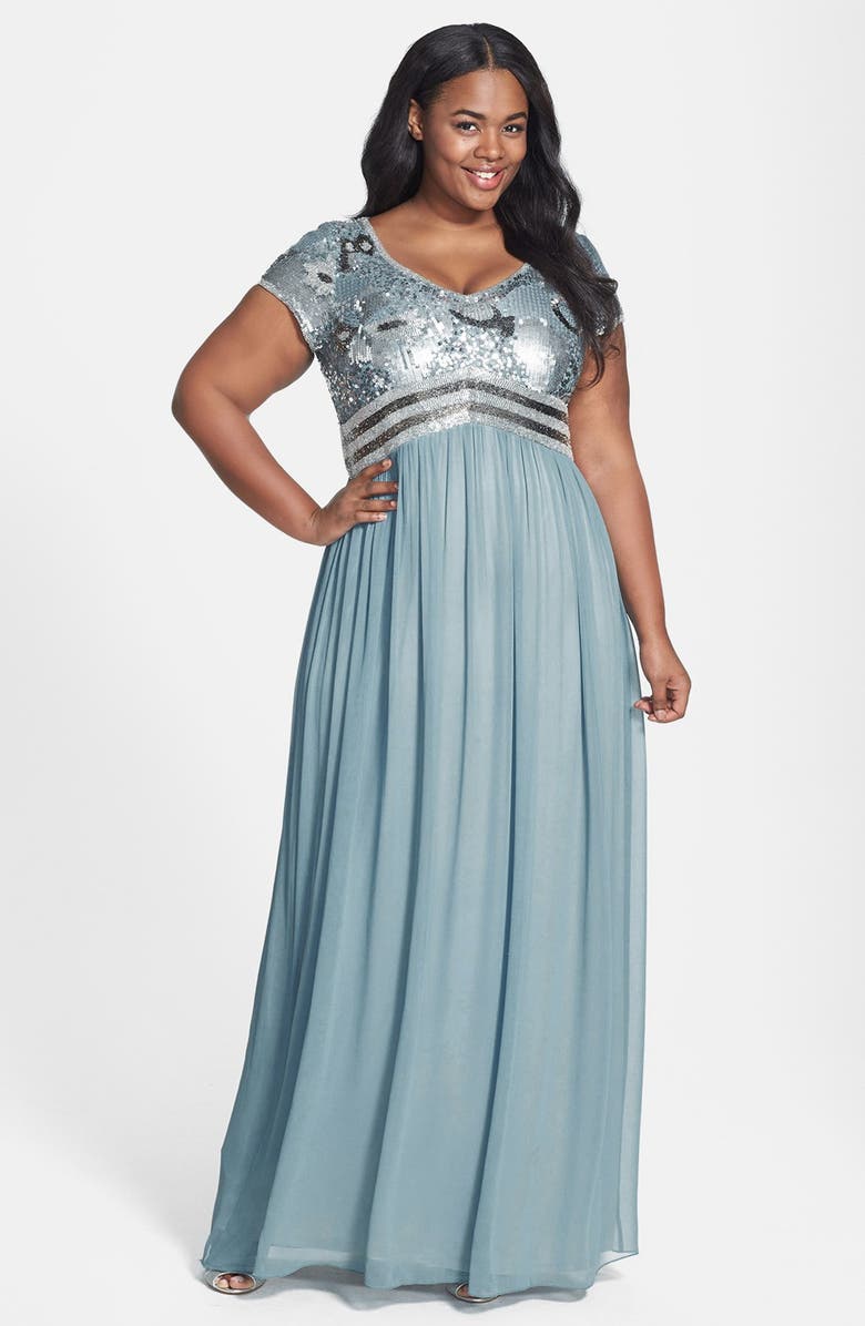 Adrianna Papell Beaded Bodice Short Sleeve V-Neck Gown (Plus Size