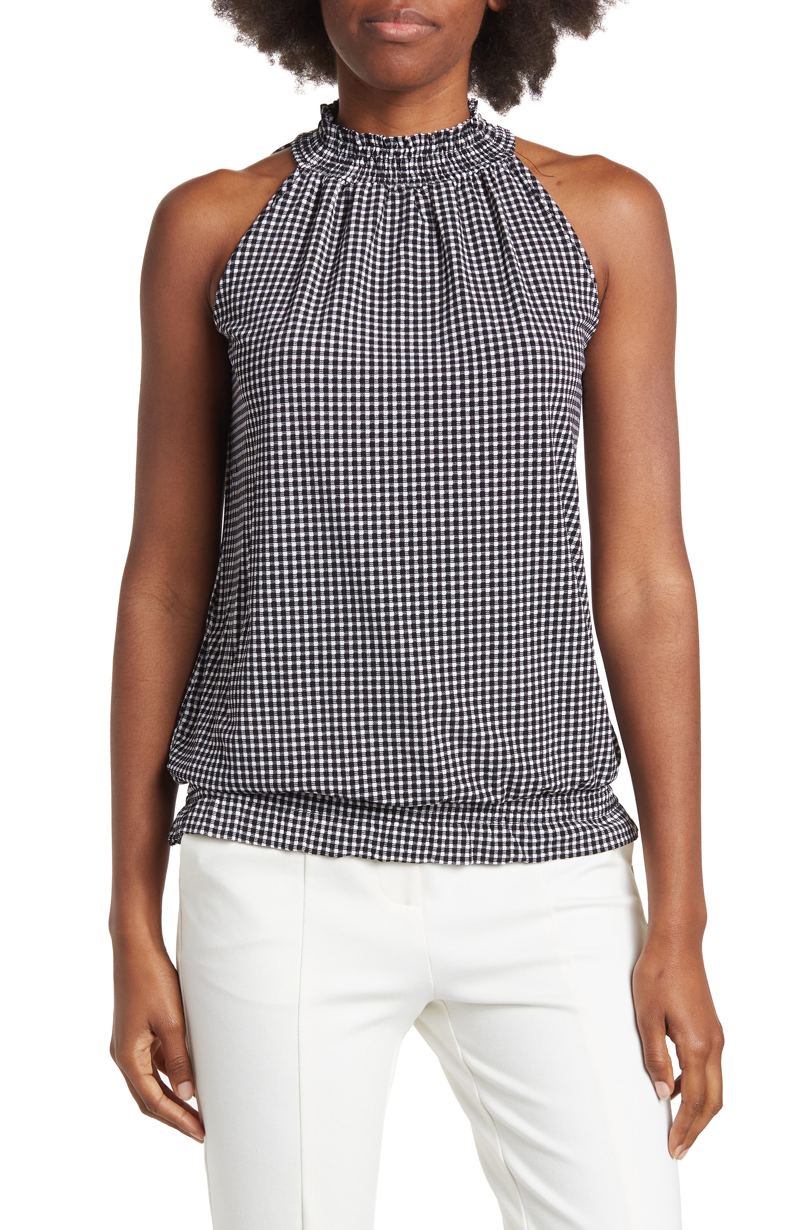 Adrianna Papell Smocked Mock Neck Sleeveless Top in Black/Ivory Tiny Gingham at Nordstrom Rack, Size Medium