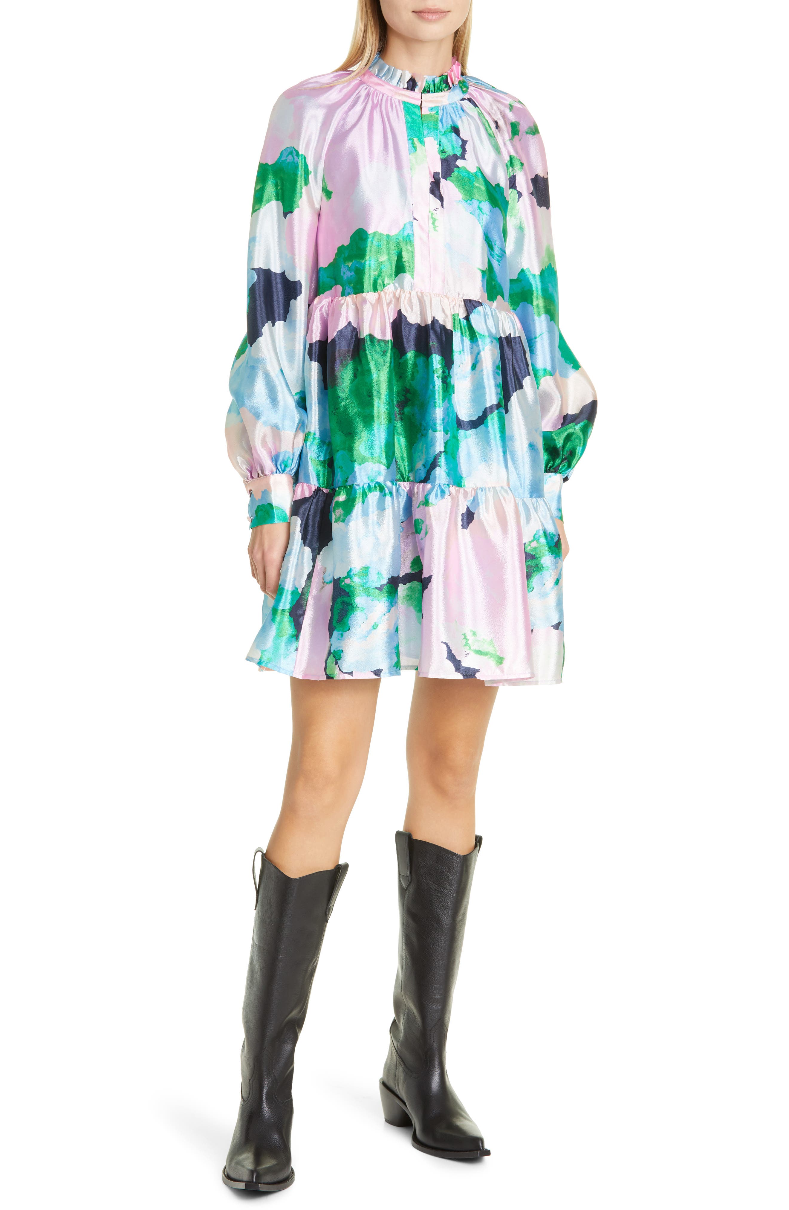 Stine Goya Jasmine Watercolor Print Long Sleeve Satin Dress in