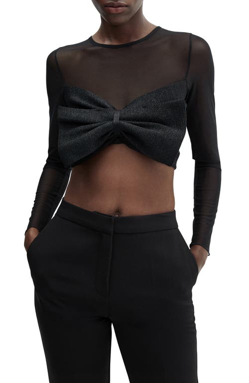 MANGO Oversize Bow Crop Mesh Top in Black at Nordstrom, Size Medium