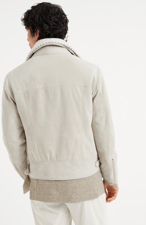 Shop Brunello Cucinelli Suede Biker Jacket With Thermore® Padding And Detachable Shearling Collar In Stone Grey