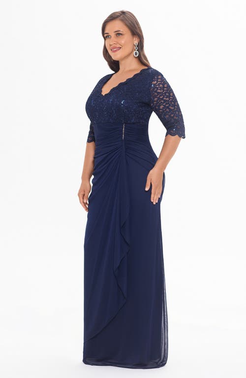 BETSY & ADAM BETSY & ADAM V-NECK LACE GOWN 