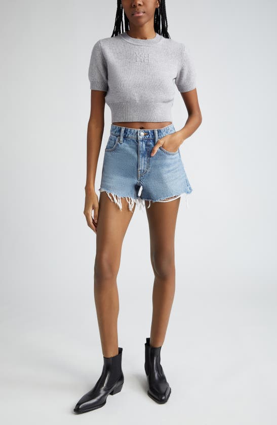 Shop Alexander Wang Embossed Logo Short Sleeve Crop Cotton & Wool Sweater In Heather Grey