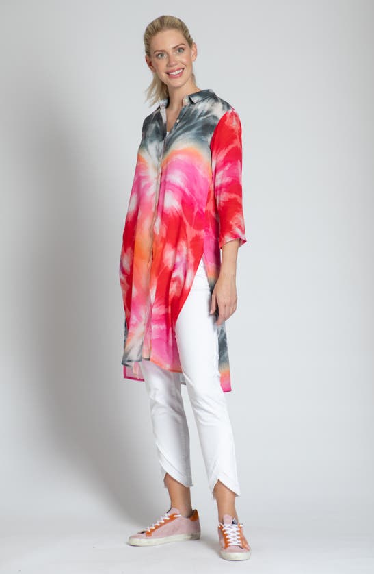 Apny Tie Dye Chiffon Button-up Tunic In Pink Multi