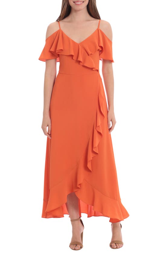 London Times Ruffle Cold Shoulder Maxi Dress In Orange