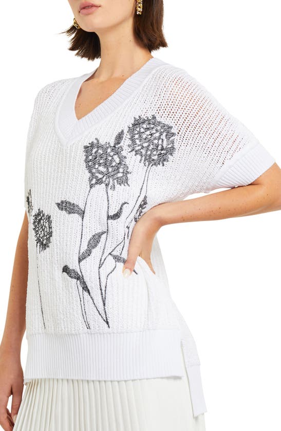 Shop Misook Floral Embroidered Short Sleeve Tunic Sweater In Black/ White