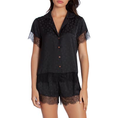 Midnight Bakery Lace Trim Dot Satin Short Pajamas, Black