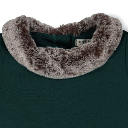 Hope & Henry Girls' Fit And Flare Ponte Dress With Faux Fur, Toddler In Deep Green