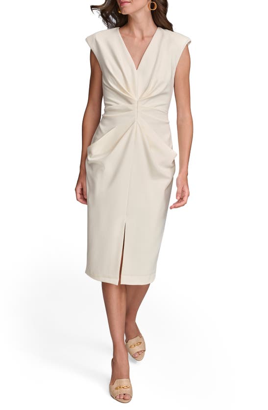 Shop Donna Karan Pleated Cap Sleeve Sheath Dress In Cream