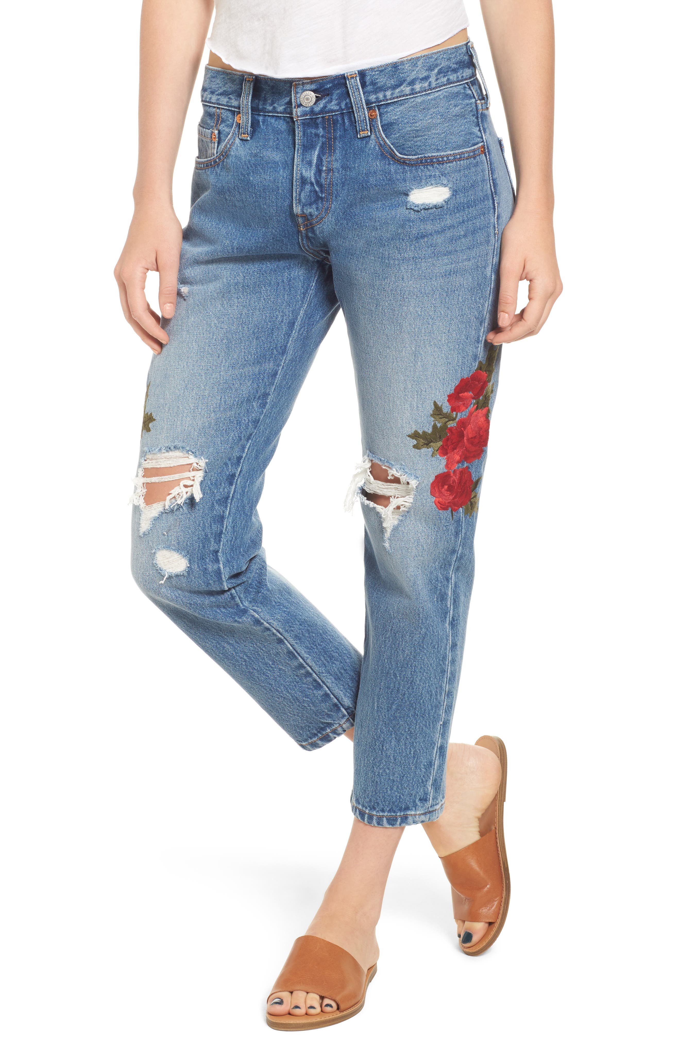 501 Floral Embroidered Crop Taper Jeans 