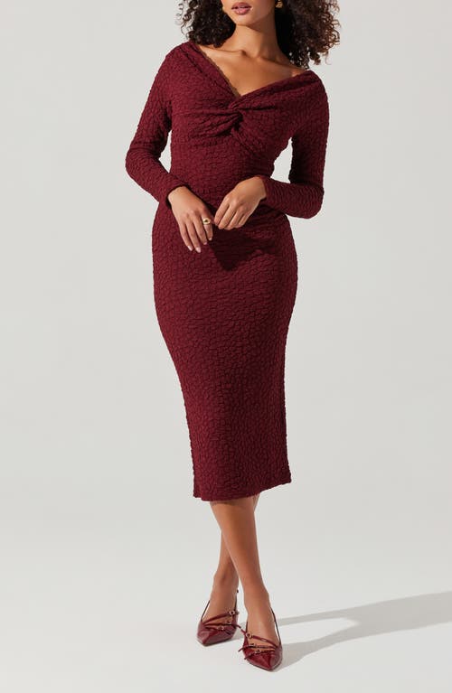 Shop Astr The Label Textured Knot Front Off The Shoulder Long Sleeve Dress In Wine