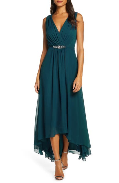 Eliza J Embellished High/low Chiffon Dress In Peacock | ModeSens