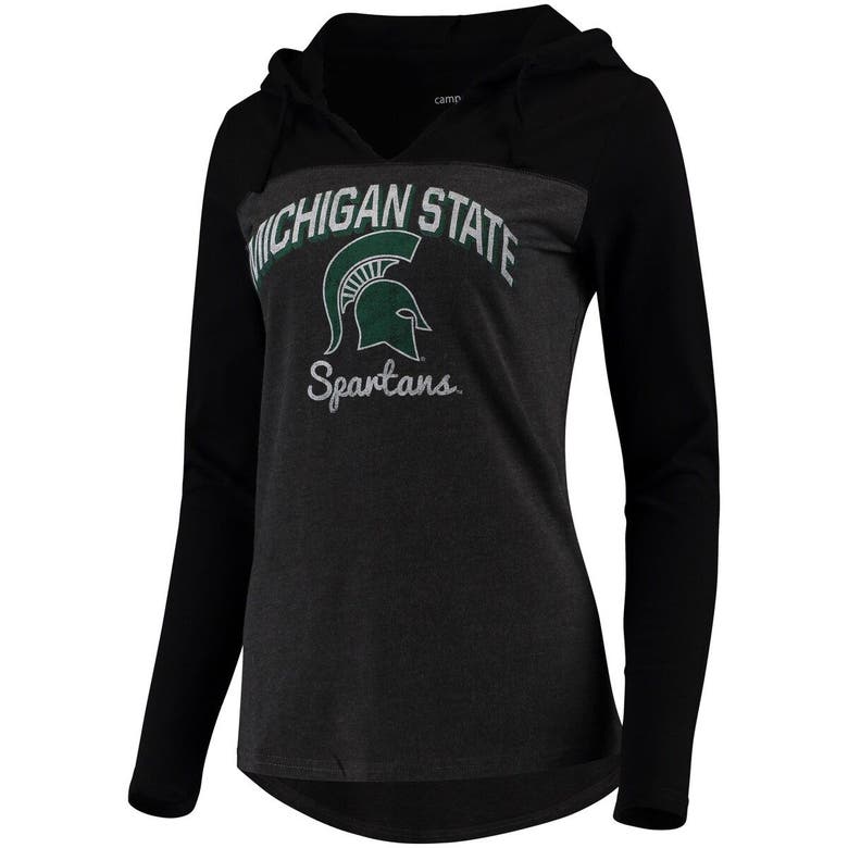 CAMP DAVID CHARCOAL MICHIGAN STATE SPARTANS KNOCKOUT COLOR BLOCK LONG SLEEVE V-NECK HOODIE T-SHIRT