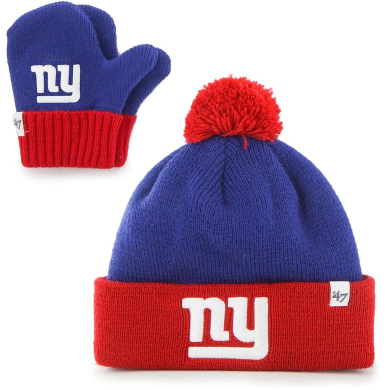 47 Babies' Infant ' Royal/red New York Giants Bam Bam Cuffed Knit Hat With Pom And Mittens Set