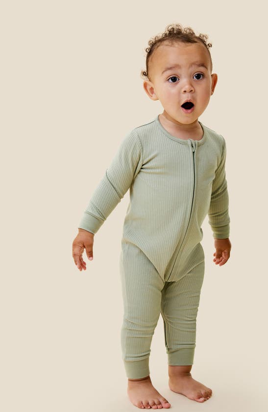 Mori Clever Zip Fitted One-piece Pajamas In Ribbed Sage
